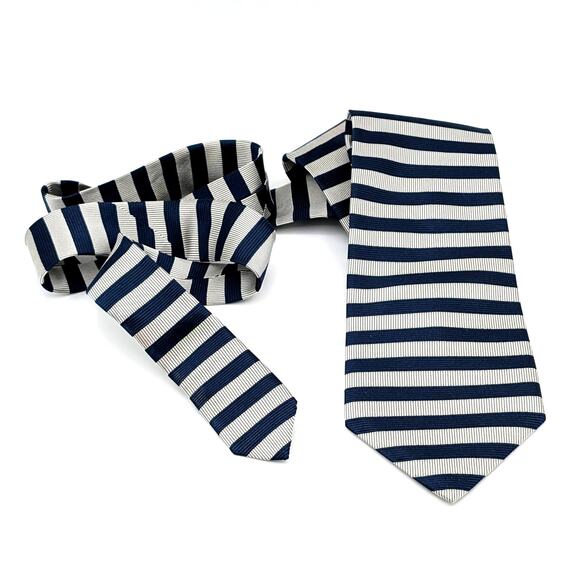 Vintage Hathaway Silk Repp Tie Striped Navy Blue Silver 80s Traditional Preppy - Picture 3 of 8